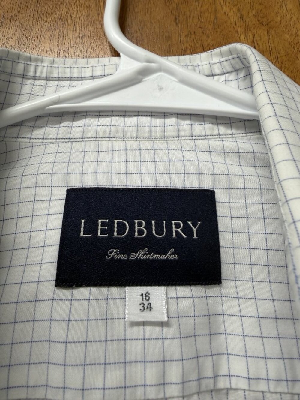 Ledbury‎ Shirt Mens 16 White Blue Grid Classic Fit Long Sleeve Button Down Dress - Picture 3 of 7